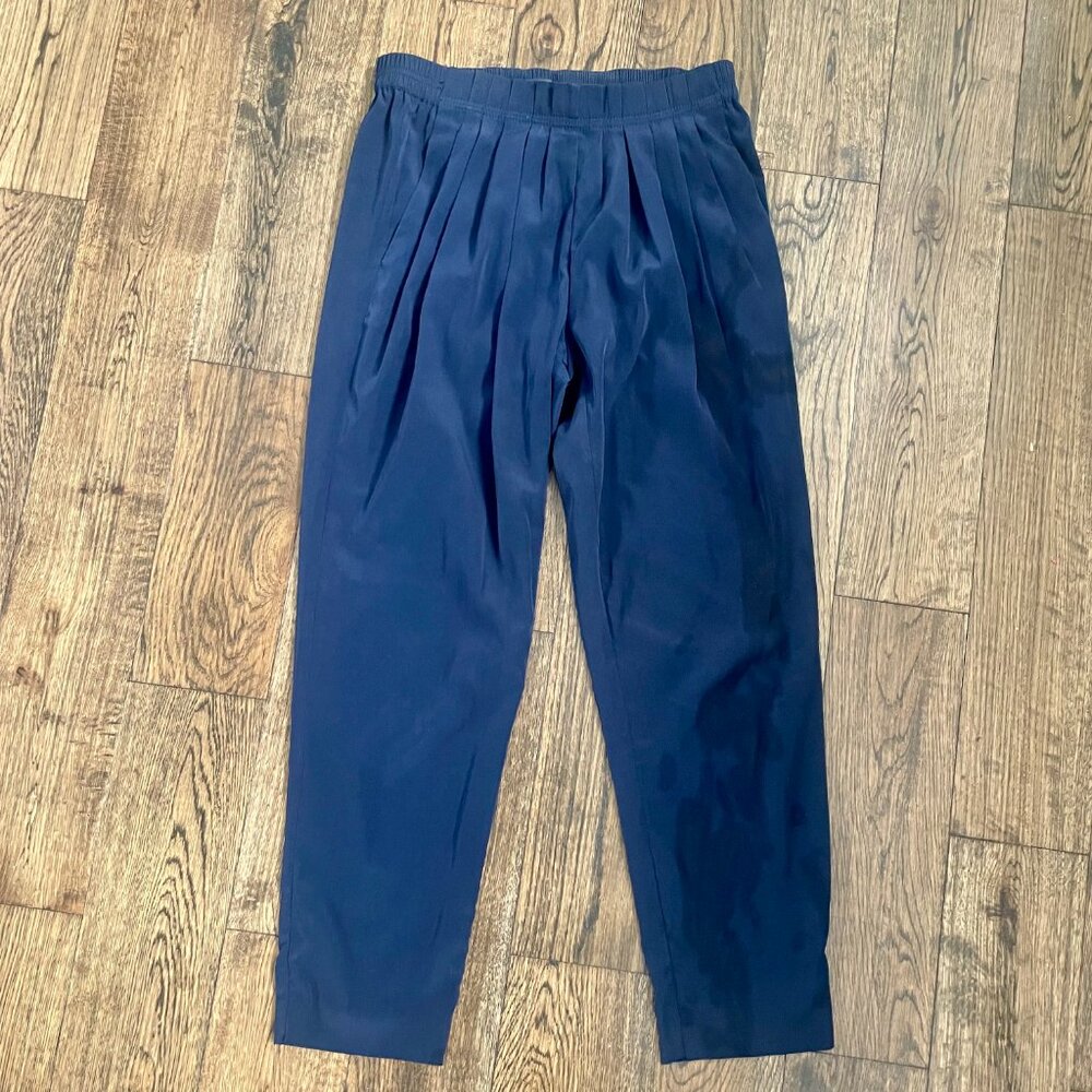 J.Crew Pull-On Pleated Pants Navy Blue Elastic Waist Trousers Size 0